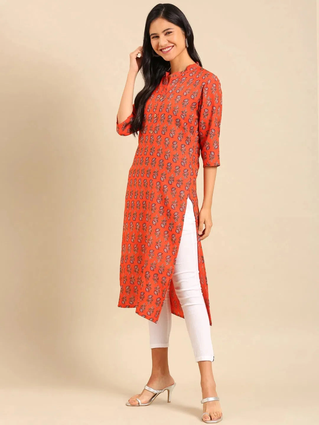 Orange Printed Kurta - Stylish Indian Kurtis for Women Online