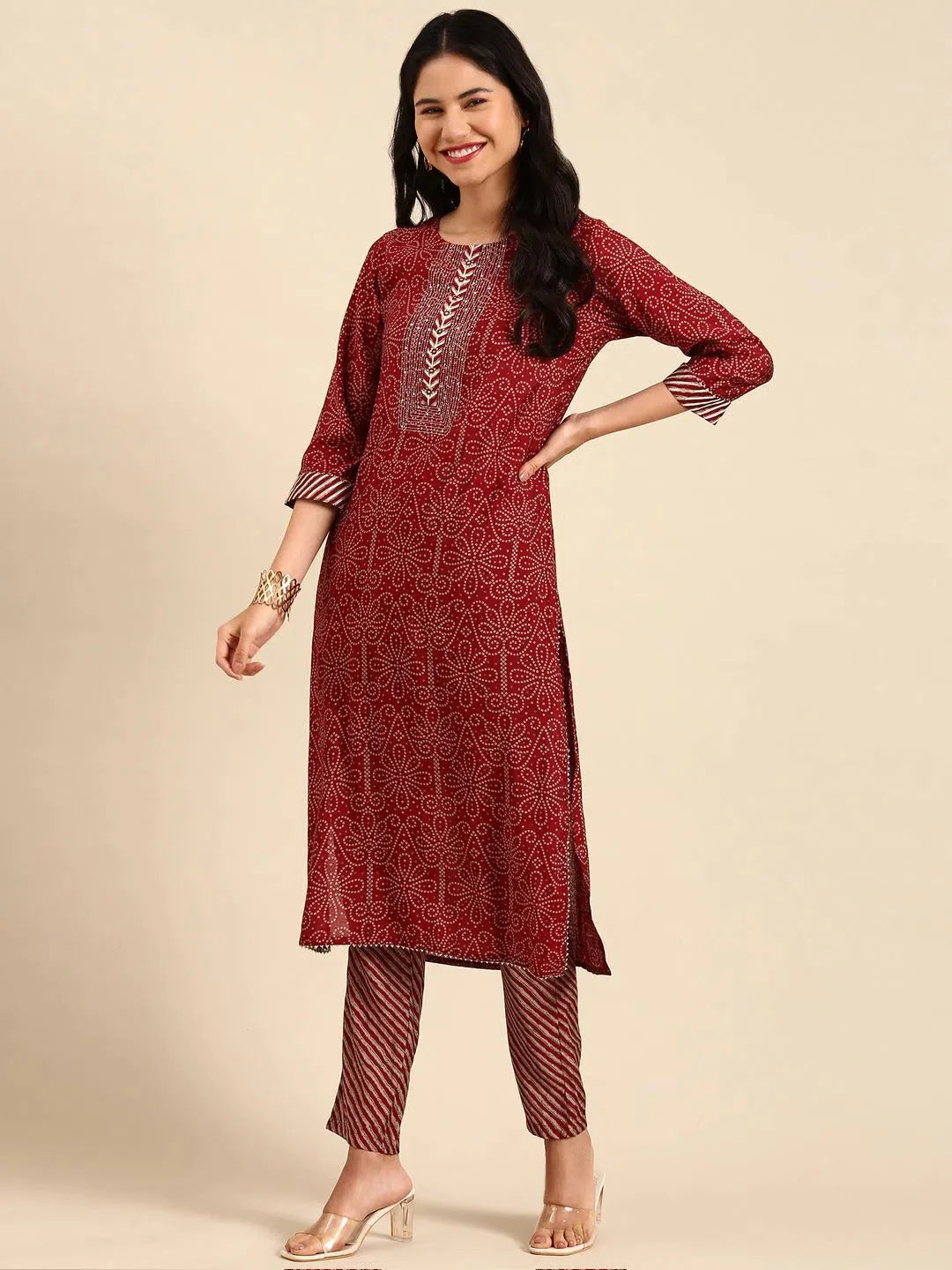 Maroon Bandhini Print Kurta Set | Women's Indian Kurtas