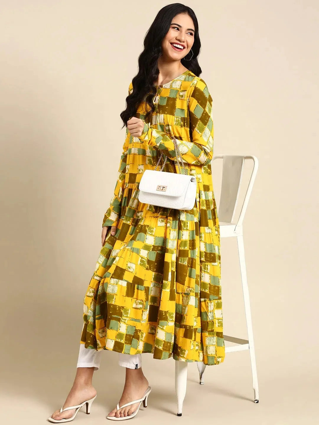 Yellow Printed Anarkali Kurta | Cotton Anarkali Kurti - DesiQlo