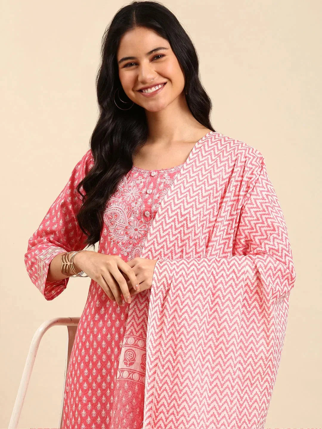 Pink Printed Kurta Set for Women | Cotton Indian Kurta