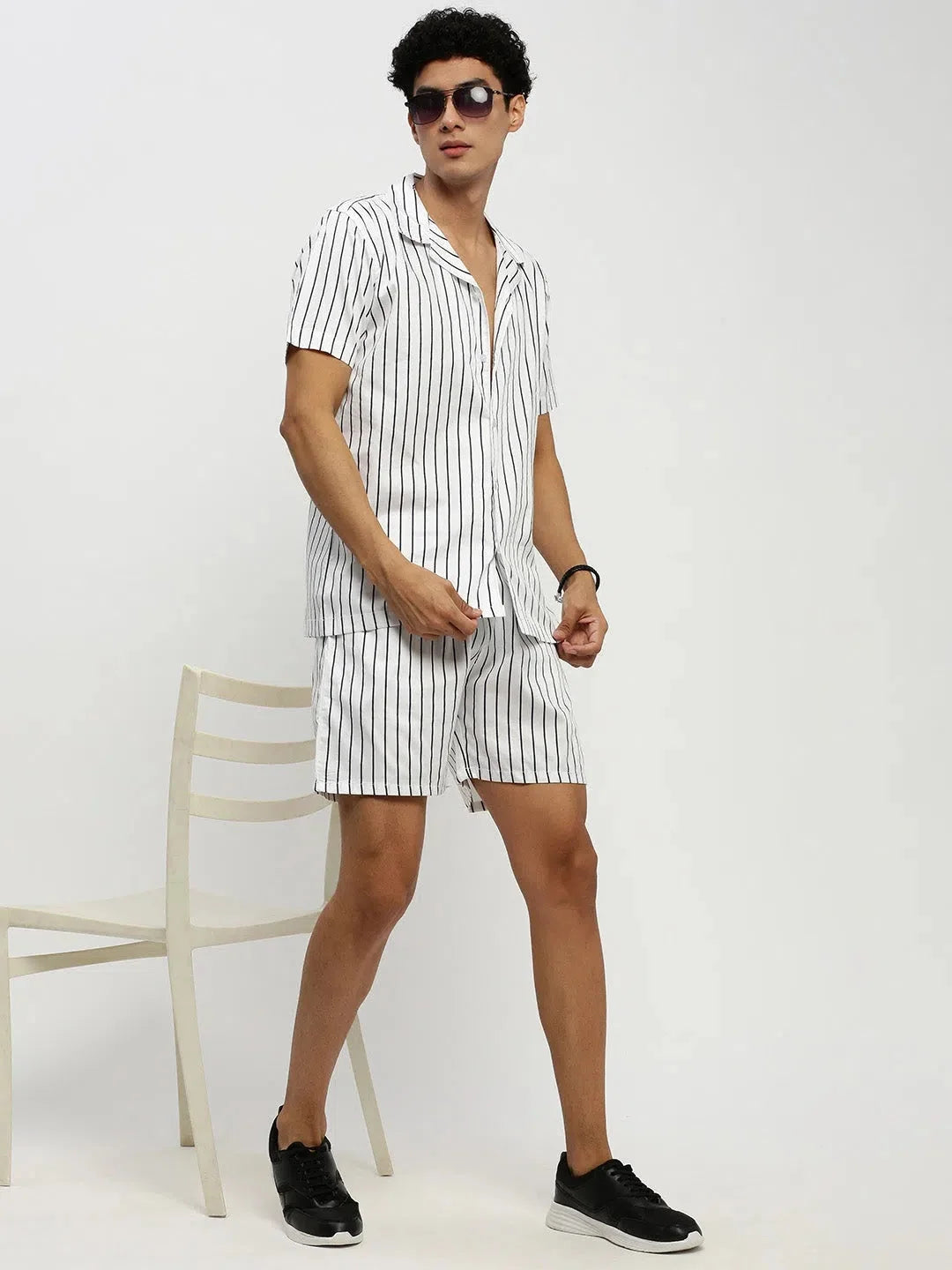 Men's White Striped Co ord Set | Showoff Two Piece Sets