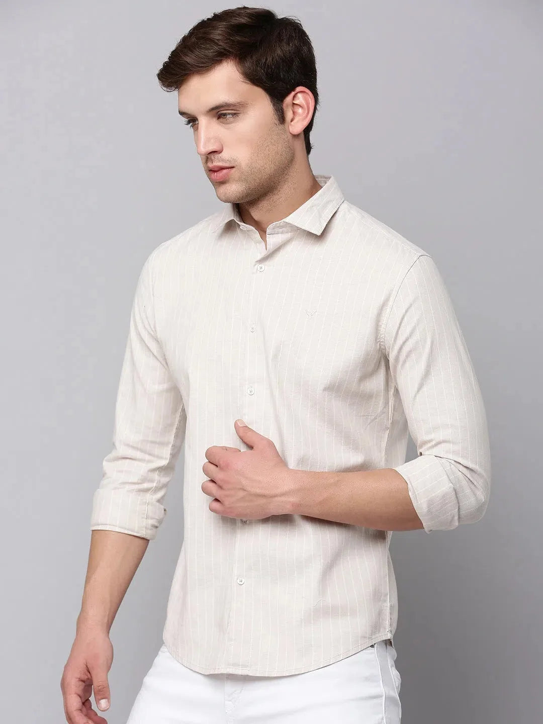 Beige Striped Mens Shirt - Cotton Linen Shirt | DesiQlo