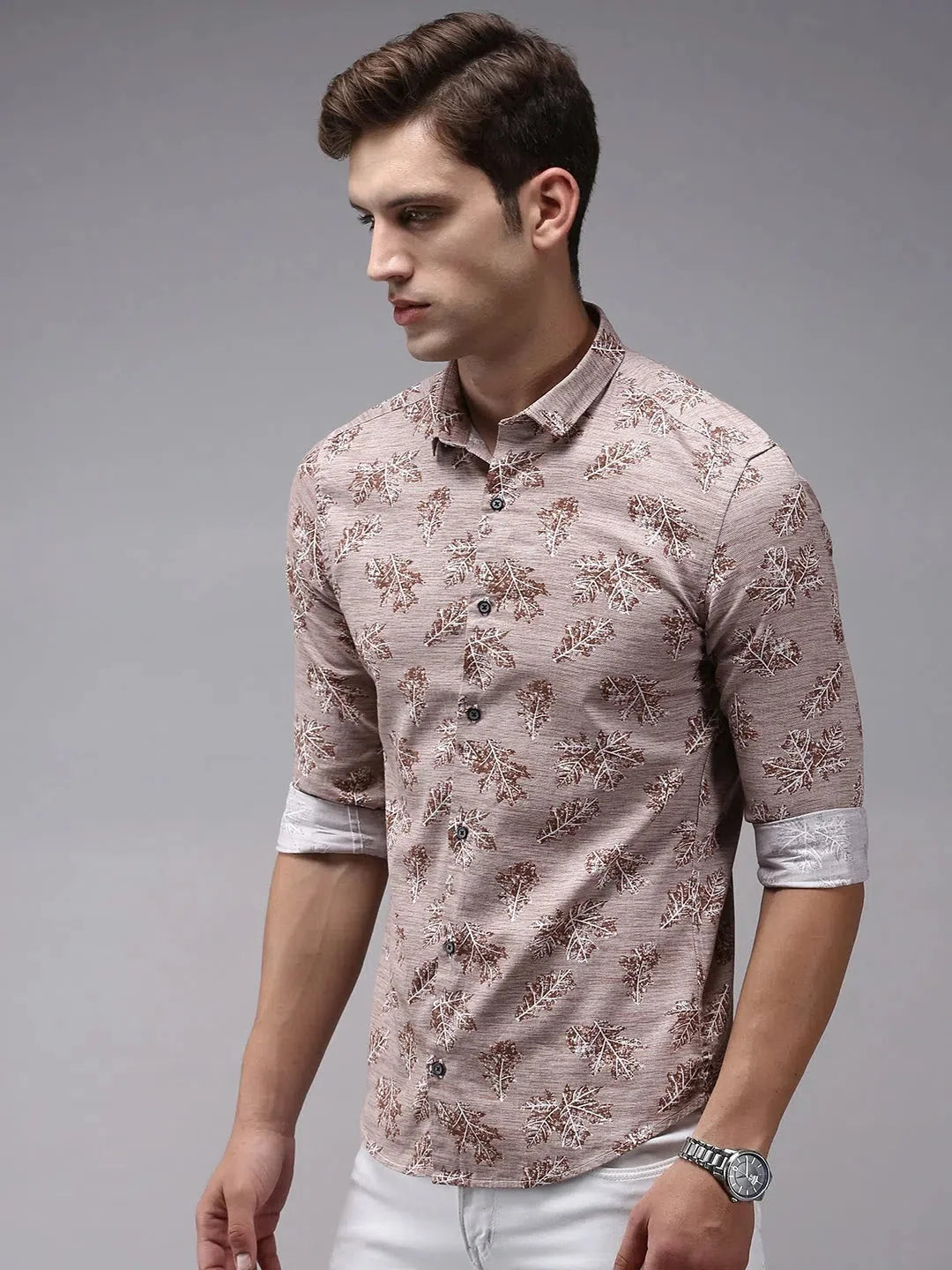 Brown Printed Mens Shirt | Cotton Casual Shirt - DesiQlo