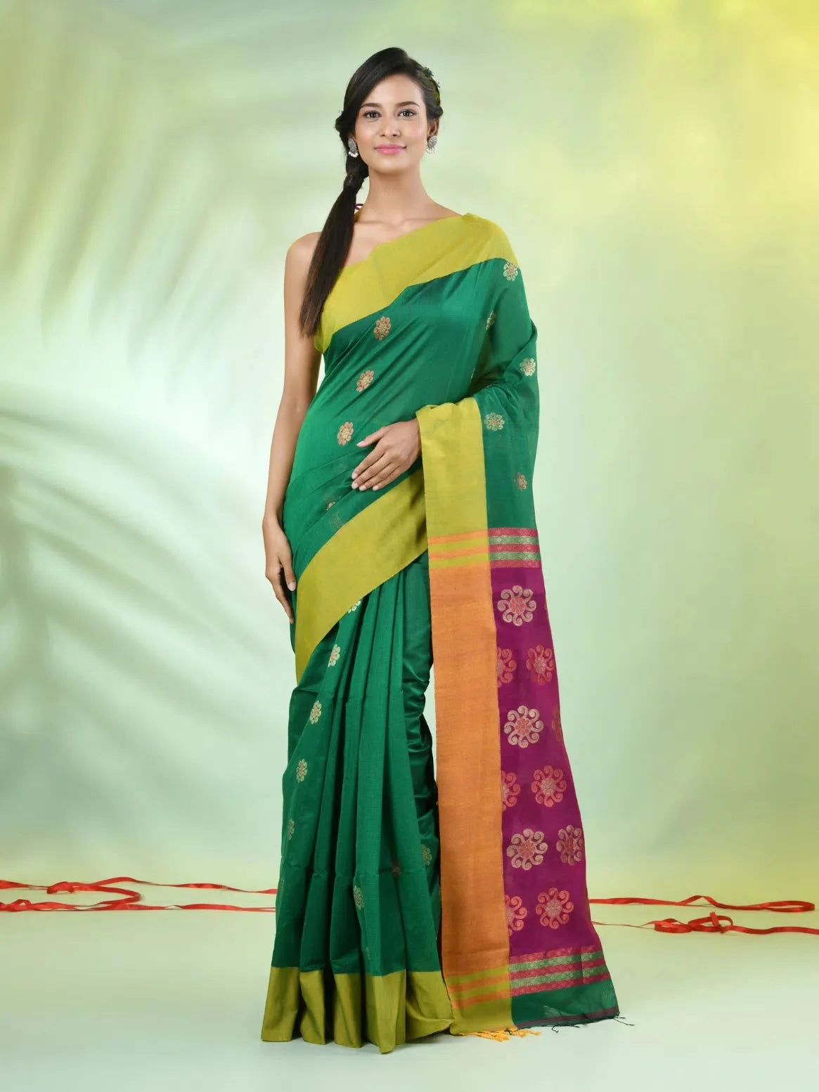 Green Cotton Indian Sari with Ethnic Motifs
