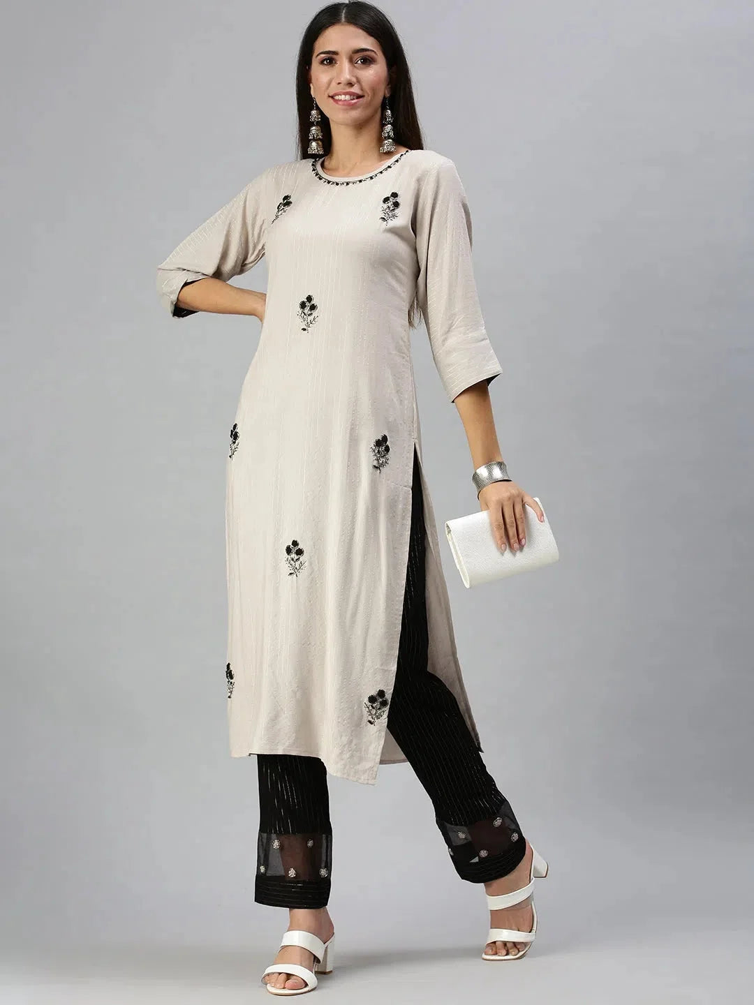 Grey Striped Kurta Sets: Women's Cotton Indian Kurta Sets