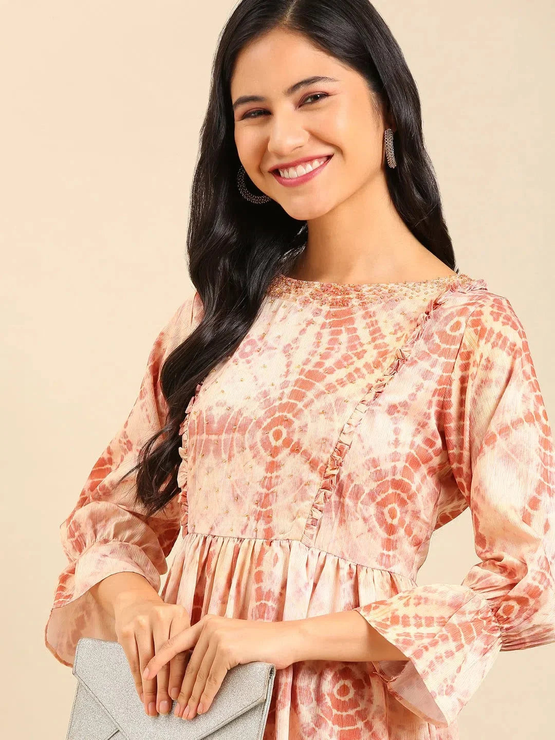 Beige Printed Anarkali Kurta | Polyester Anarkali Kurti - DesiQlo
