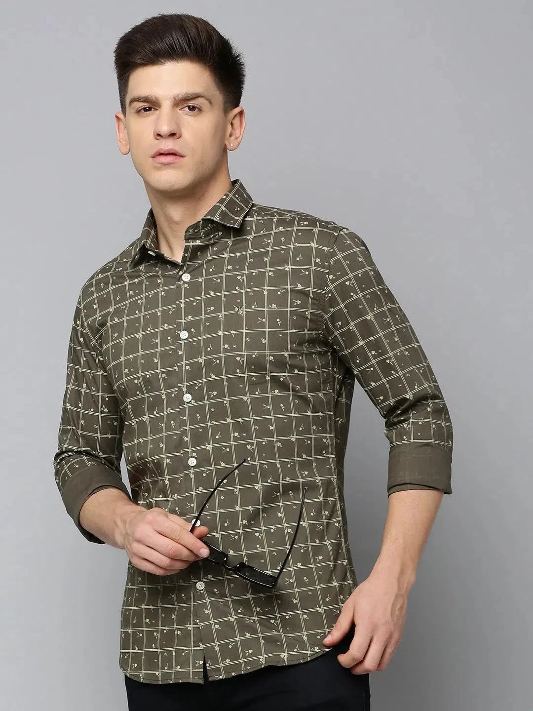 Men Green Checked Casual Shirt-FLIORIONIEPRINT-3497-Olive
