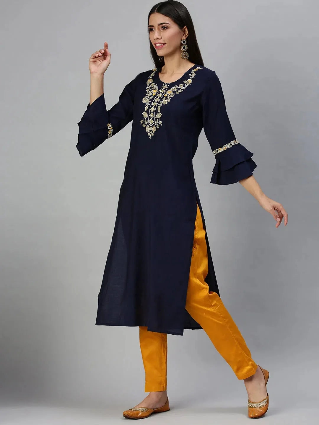Navy & Yellow Solid Women's Kurta Sets | Cotton Indian Kurta