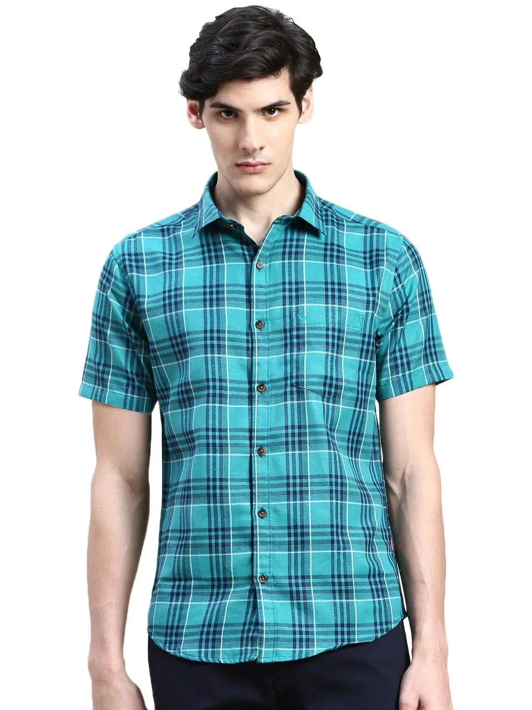 Green Checked Mens Shirt - DesiQlo Cotton Casual Wear