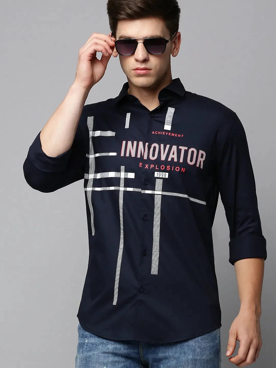 Navy Printed Mens Shirt | Casual Cotton Shirt - DesiQlo
