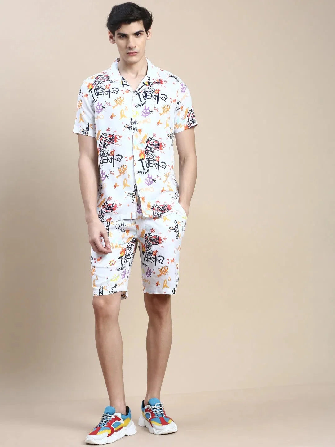 White Printed Co ord Sets Men - Casual Two Piece Sets Cotton
