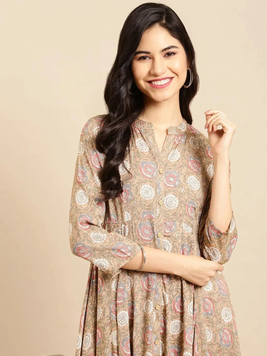 Beige Printed Anarkali Kurta | Cotton Anarkali Kurti for Women