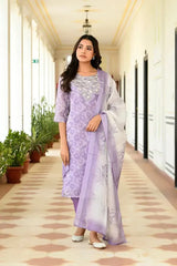 Women Lavender Tissue Linen Embroidered Solid Kurta Set With Solid Pants & Printed Dupatta-143-Vaas-Lavender