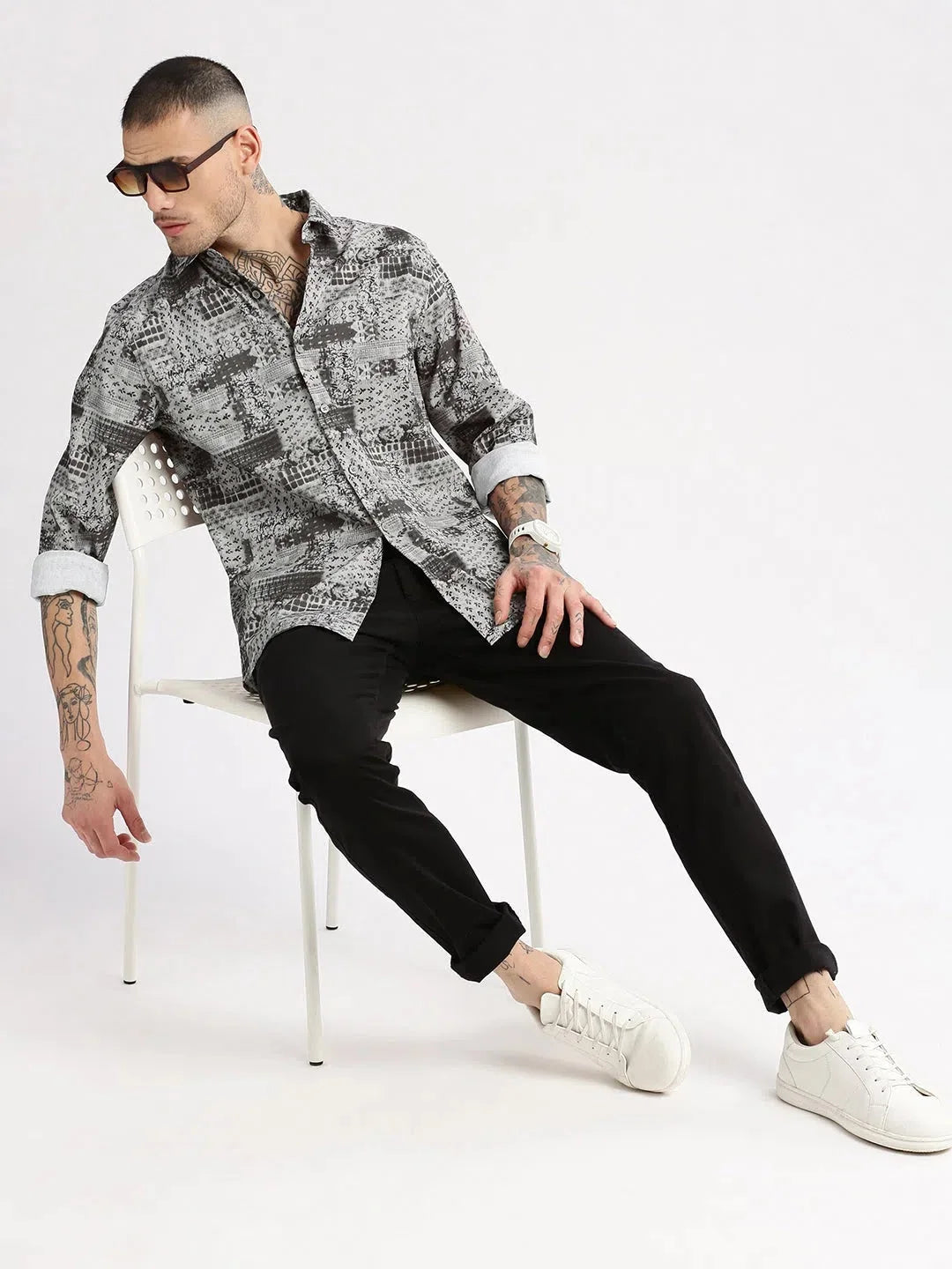 Grey Abstract Casual Shirt for Men - Kurta Pajama Alternative