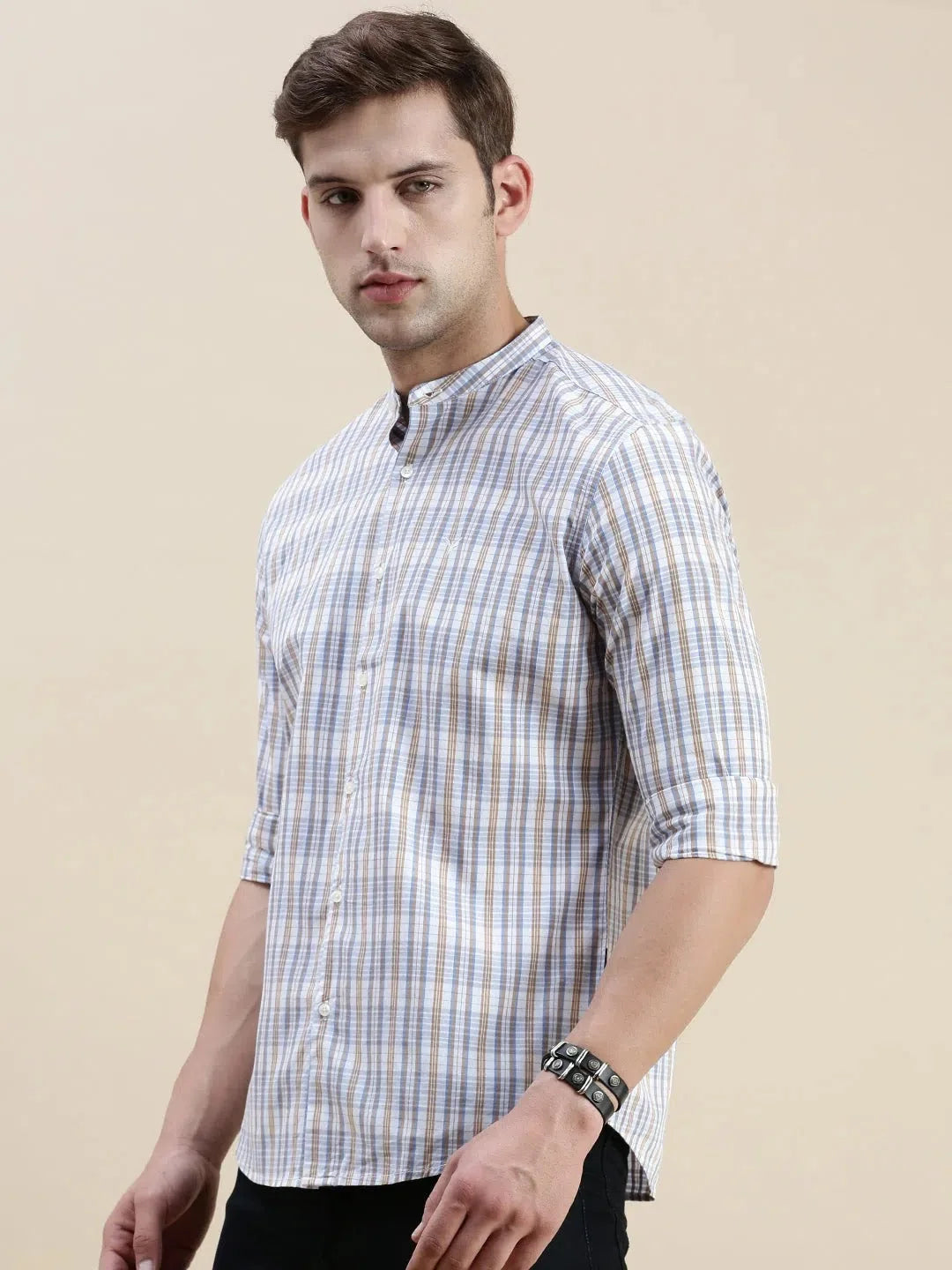 Cream Checked Mens Shirt | Cotton Casual & Formal Shirts