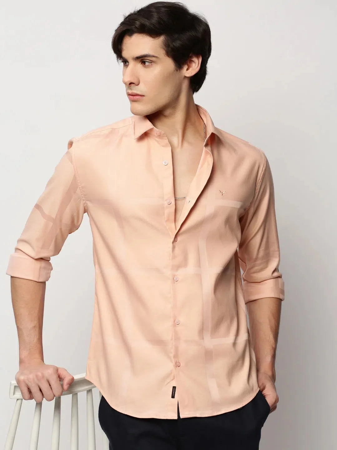 Men Peach Checked Casual Casual Shirts-TRUJETTWILL-5481-Peach