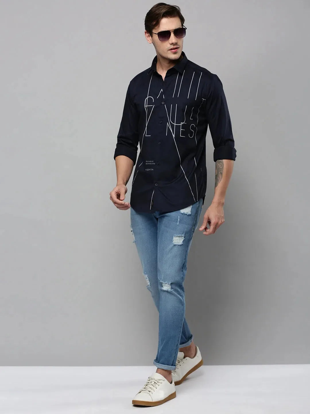 Navy Printed Linen Mens Shirt | Casual & Beach Shirts