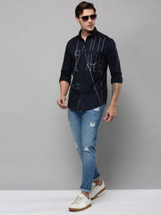 Men Navy Printed Casual Shirt-LINATWILL-4738-Navyblue