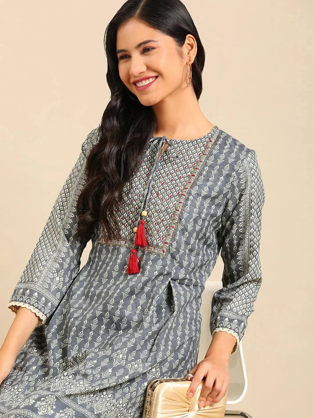 Women's Grey Printed Kurta Set-BCSK-1308-Grey