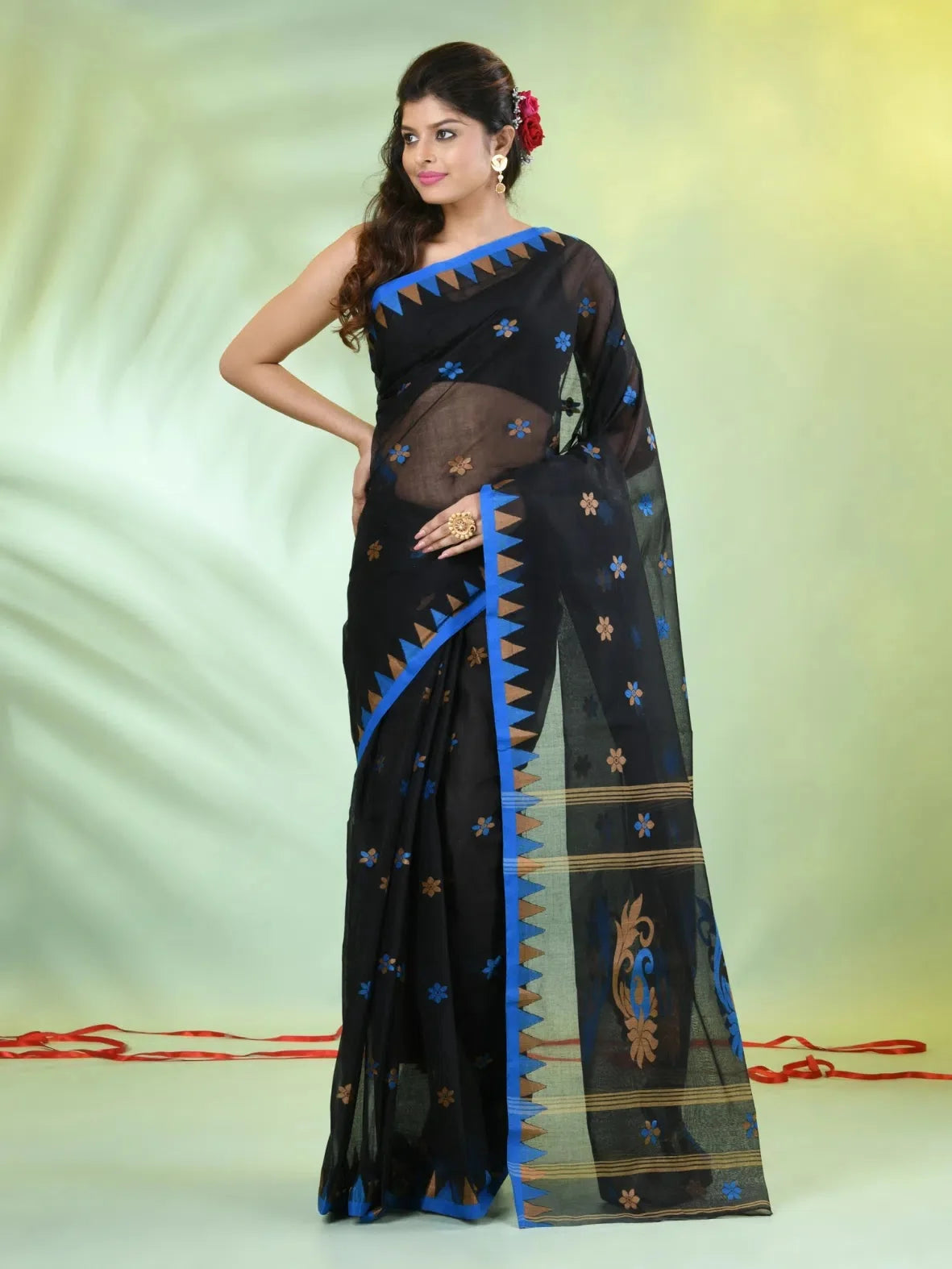 Black Cotton Saree: Temple Border Indian Sari