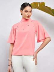 Women Peach Pearl Studded Top