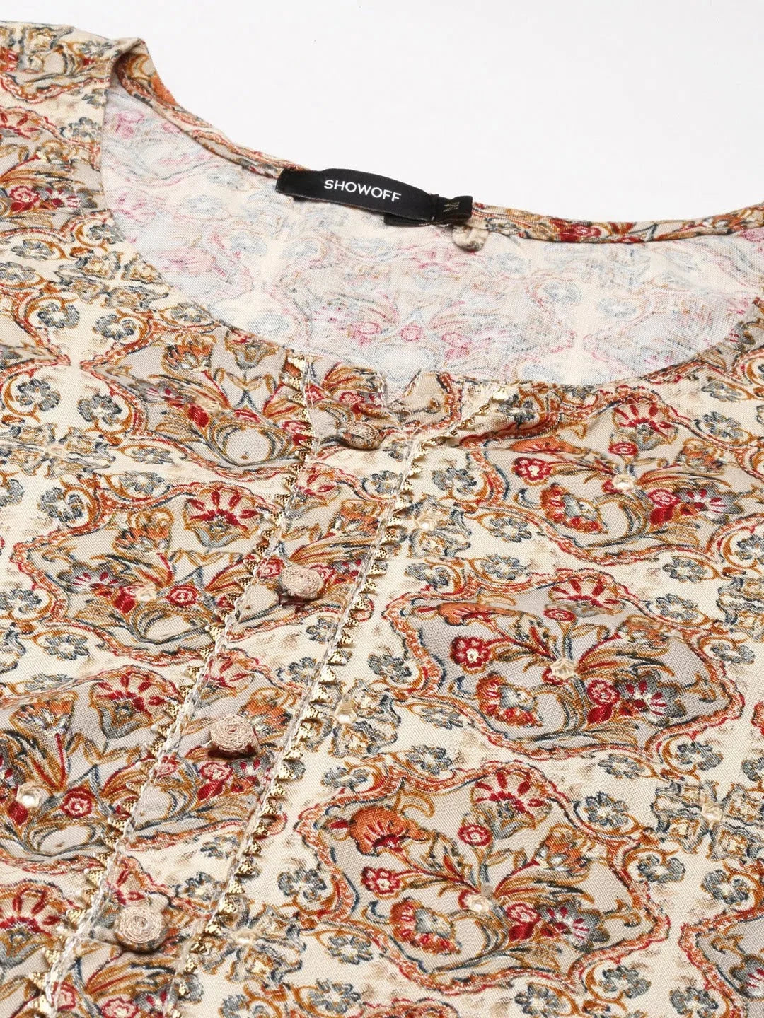 Cream Printed Polyester Kurta | Women's Indian Kurta