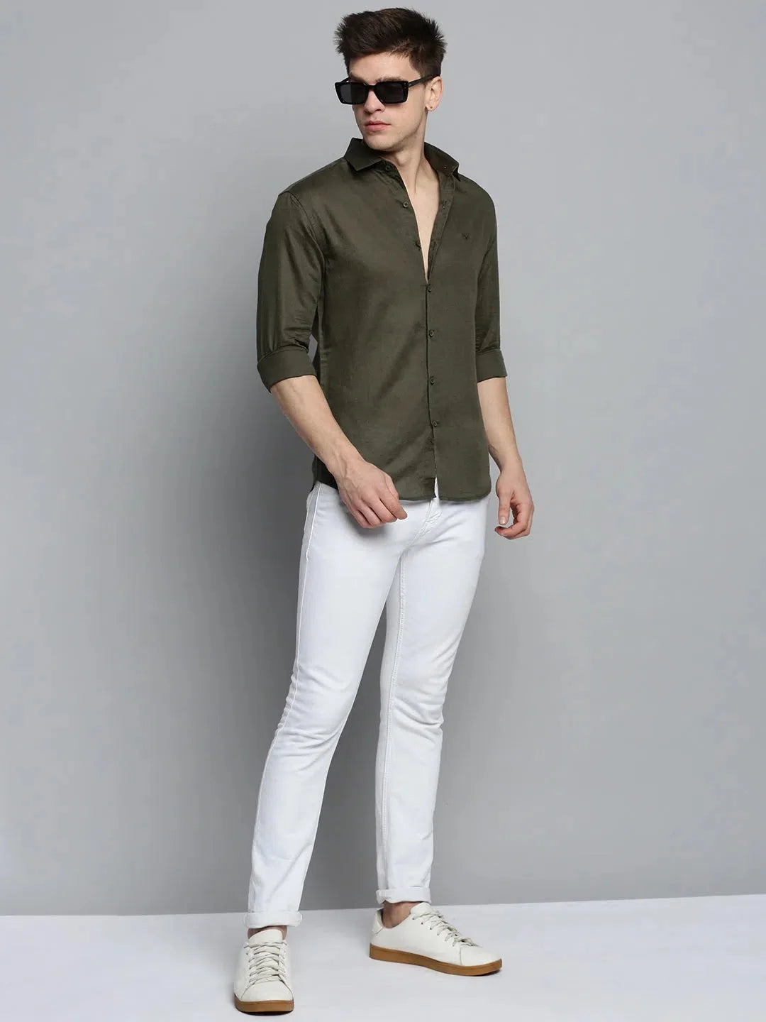Olive Green Mens Shirt | Solid Cotton Casual Shirt DesiQlo