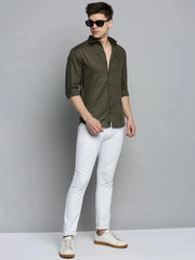 Men Green Solid Casual Shirt-MUNIFICENCEPLAIN-3397-Olive