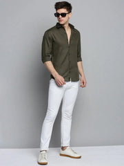 Men Green Solid Casual Shirt-MUNIFICENCEPLAIN-3397-Olive