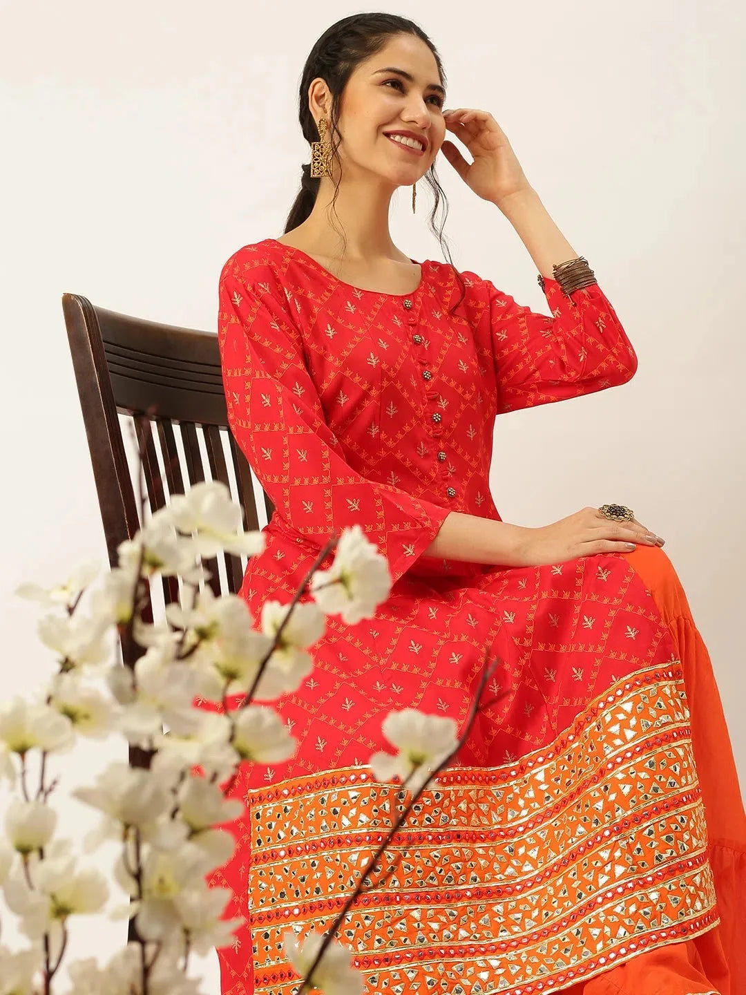 Red Printed Cotton Kurta Set | Women's Indian Kurta Sets