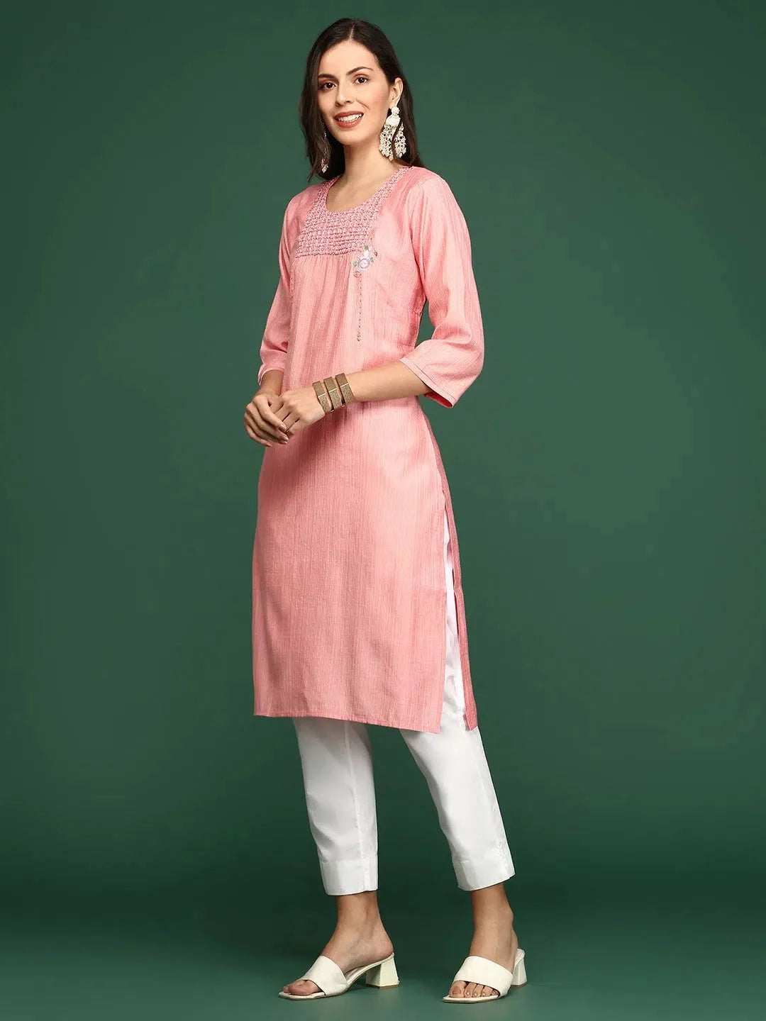 Peach Embellished Kurta - Cotton Indian Kurta for Women