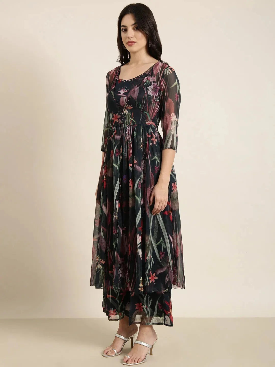 Teal Oversized Printed Palazzo Pants Set with Jacket