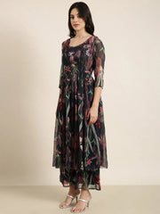 Women Oversized Teal Printed Top & Palazzos Set Comes With Jacket-DW-5021-Teal