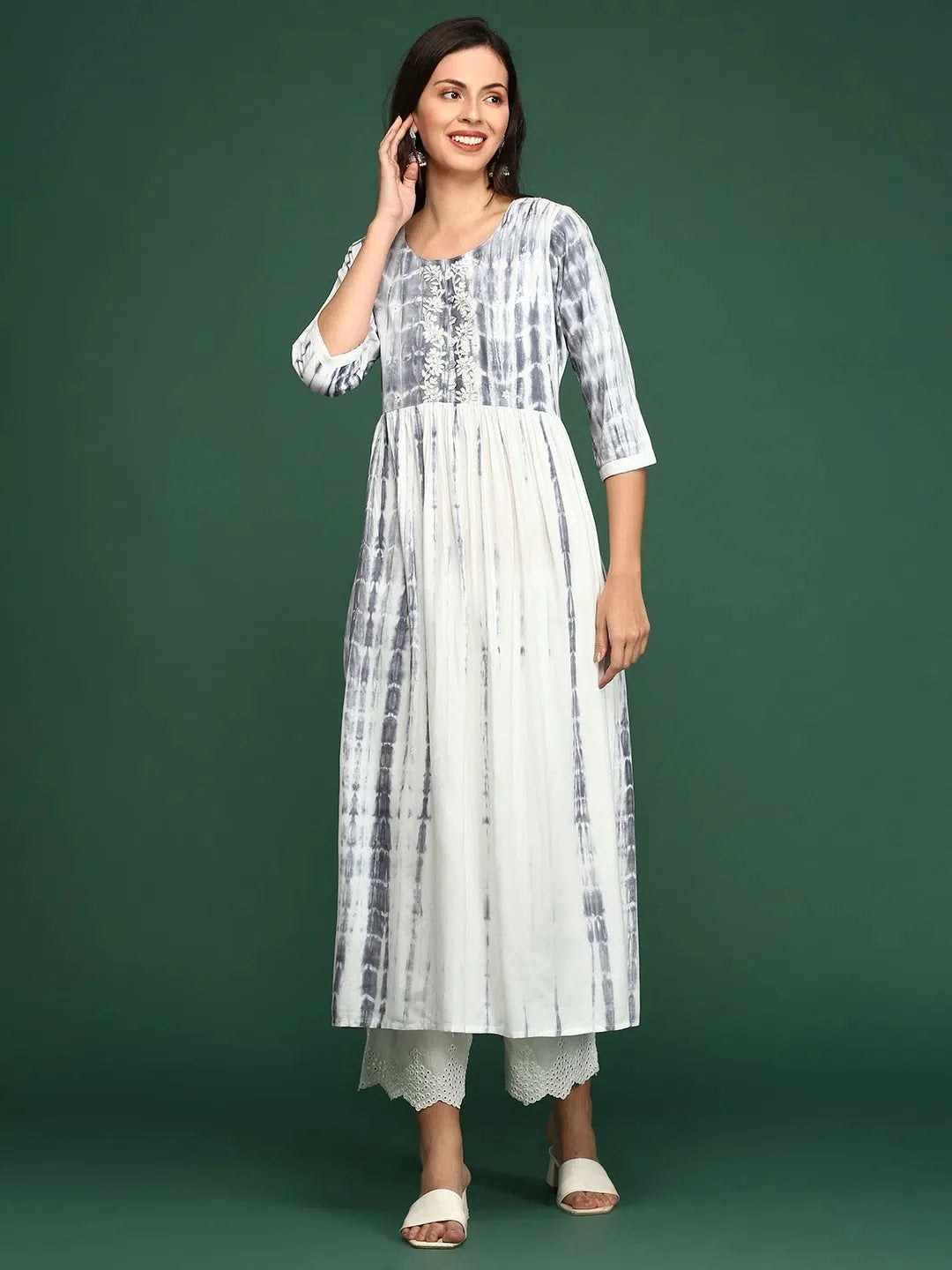 White Tie Dye Anarkali Kurta - Women's Cotton Anarkali Suit