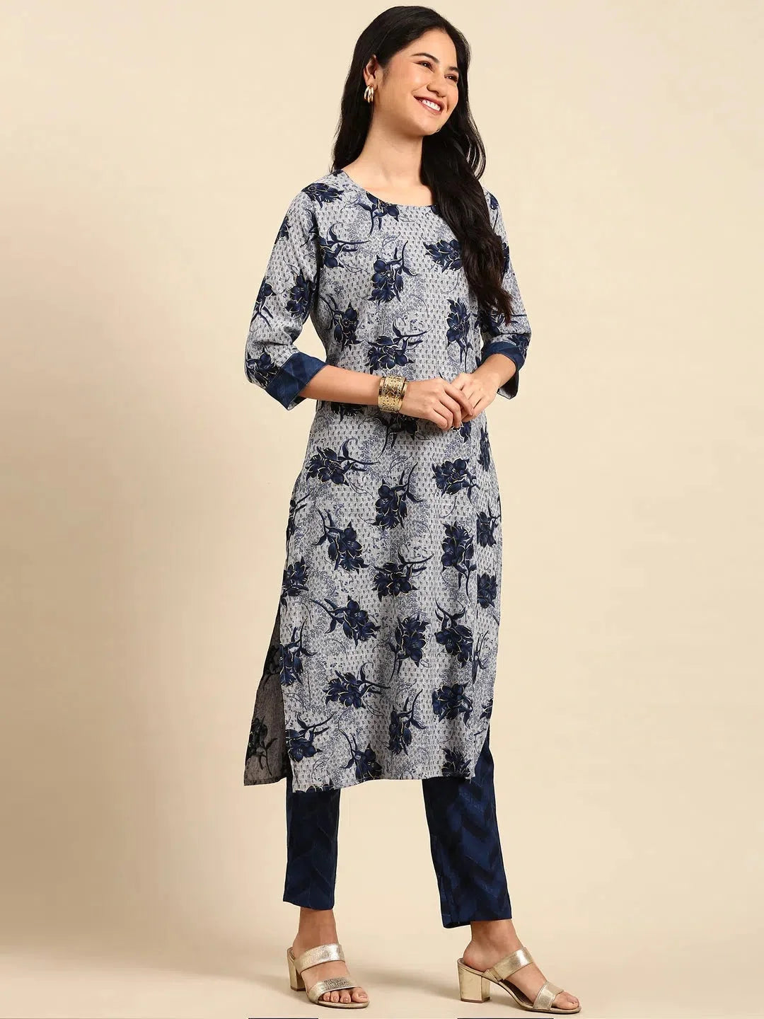 Grey Floral Cotton Kurta Set | Women's Indian Kurta Sets
