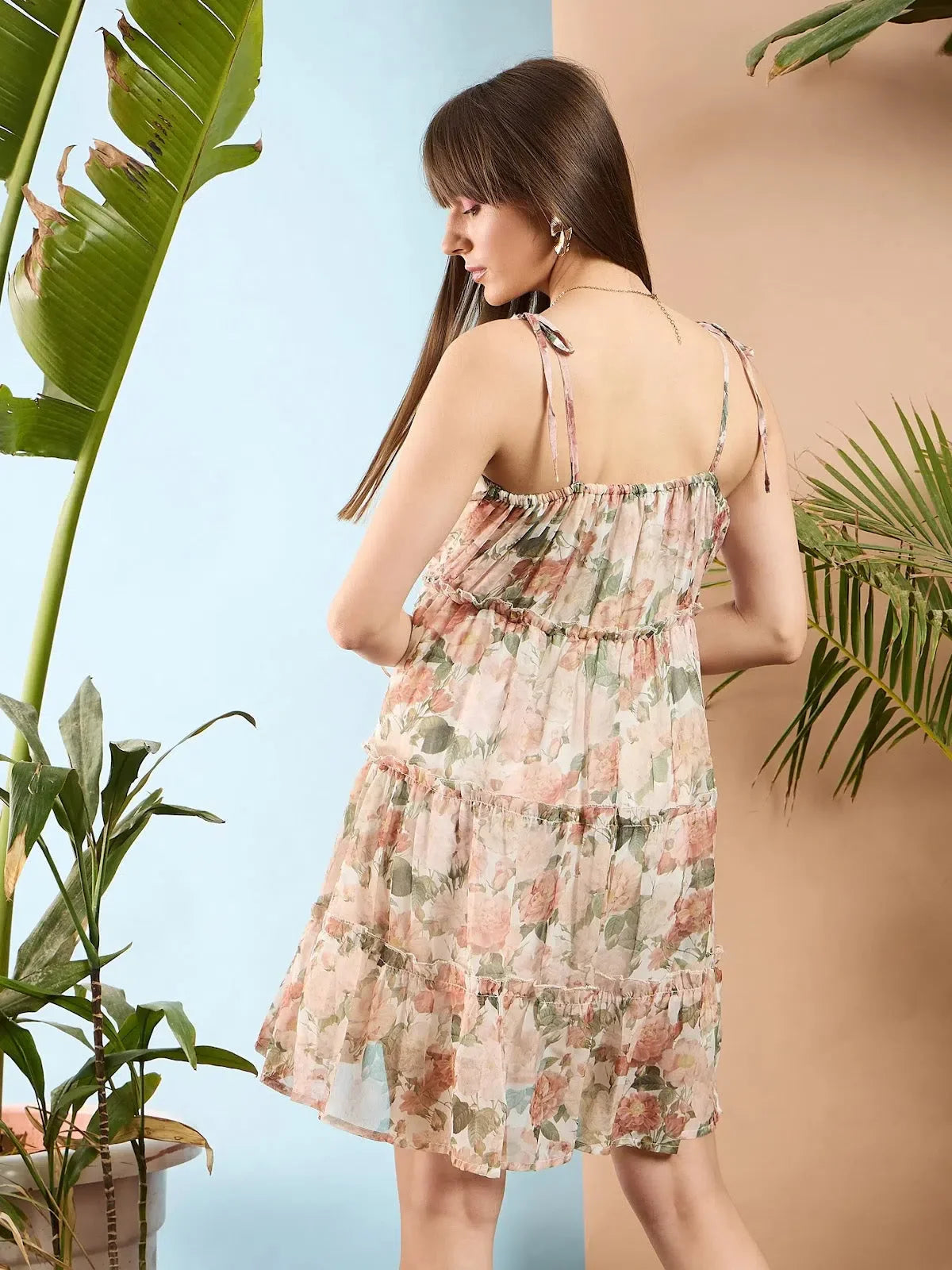 White Floral Strappy Short Dress - Women's Georgette Fit & Flare