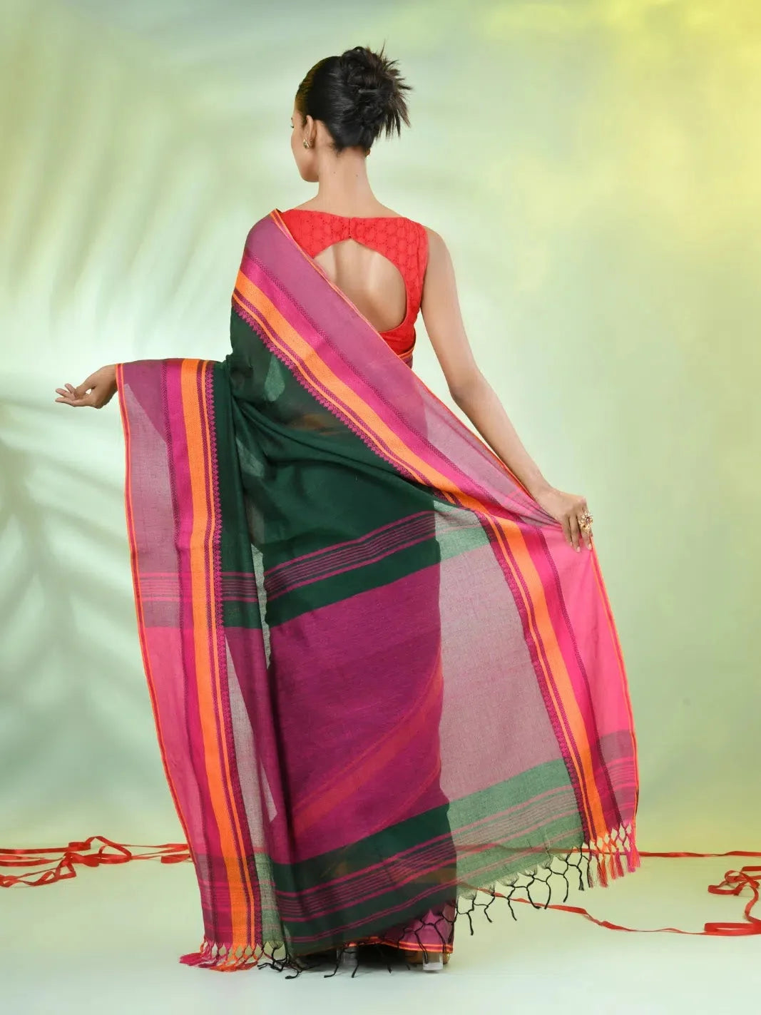 Green Cotton Indian Saree with Temple Border