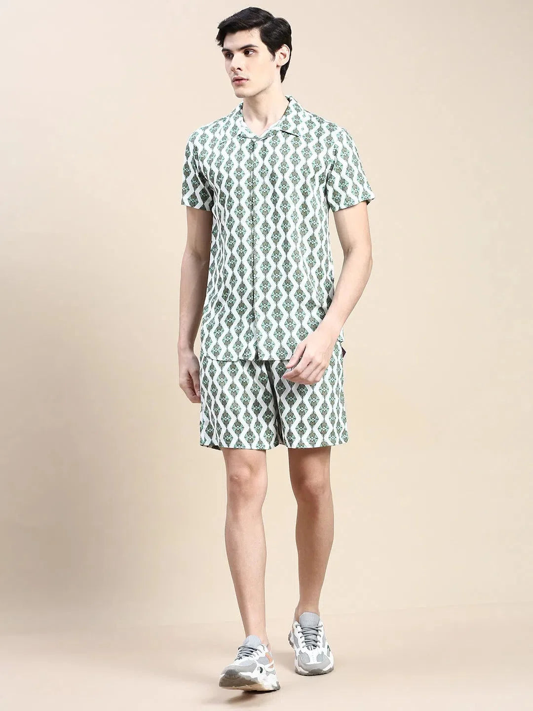Men's White Printed Cotton Casual Co ord Set | Showoff