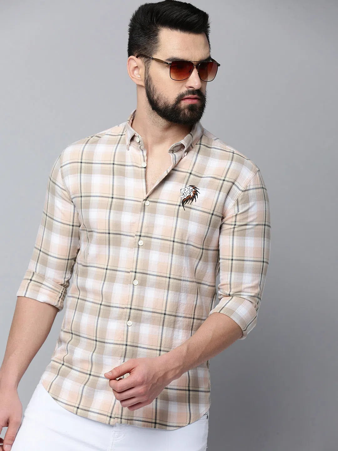 Men Beige Checked Casual Shirt-LION-0379-Beige