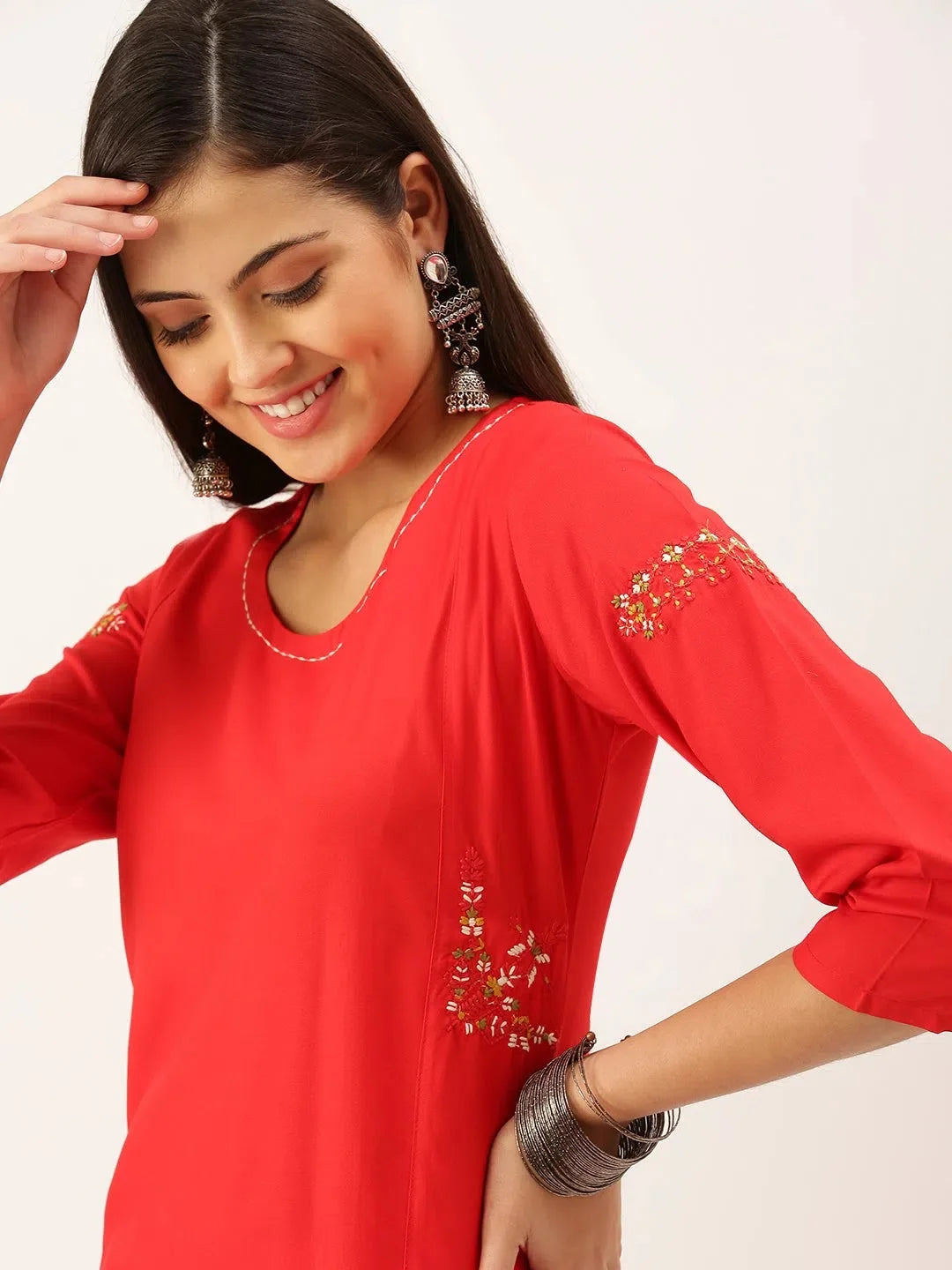 Red Embroidered Indian Kurta for Women- Cotton | DesiQlo