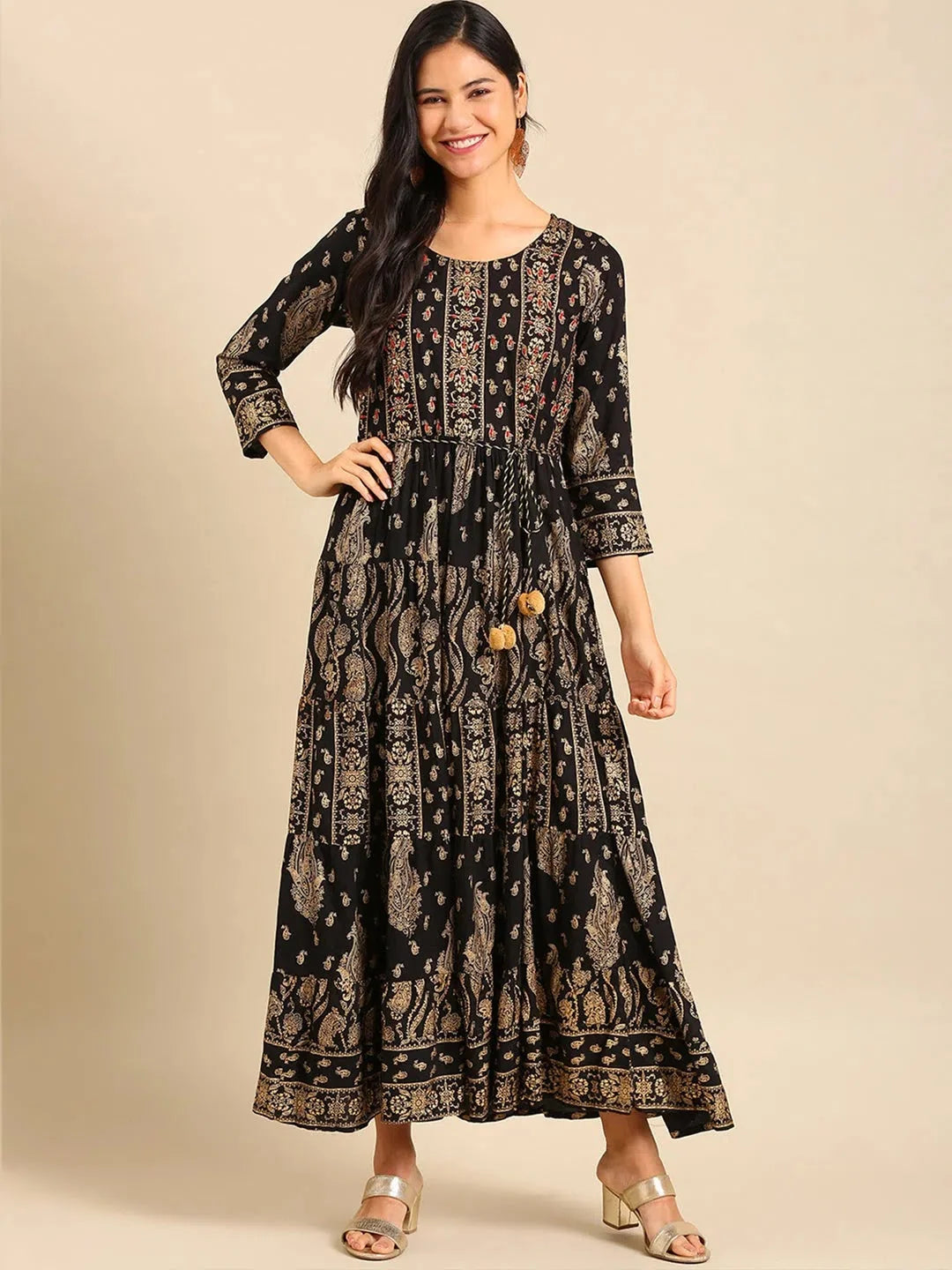 Black Printed Anarkali Kurta for Women - Cotton Anarkali Gown