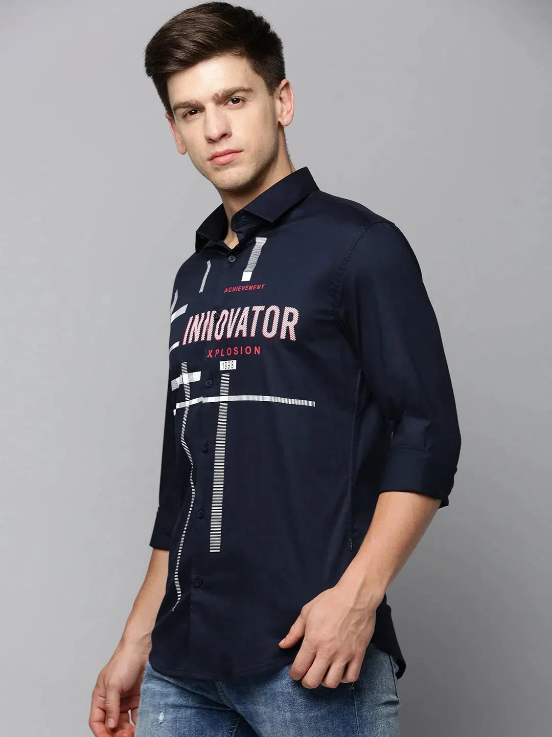 Navy Printed Mens Shirt | Casual Cotton Shirt - DesiQlo