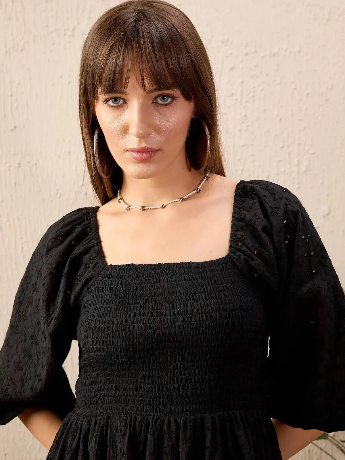 Black Schiffli Short Dress: Women's Fit & Flare Cotton Dress