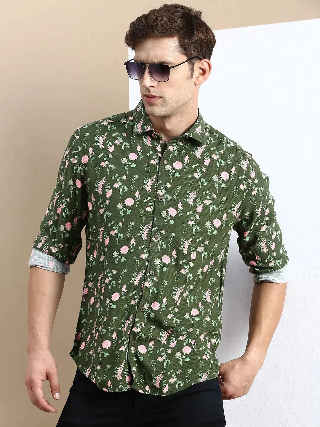 Men Green Printed Casual Shirt-GURJANPRINT-5420-Olive
