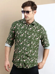 Men Green Printed Casual Shirt-GURJANPRINT-5420-Olive