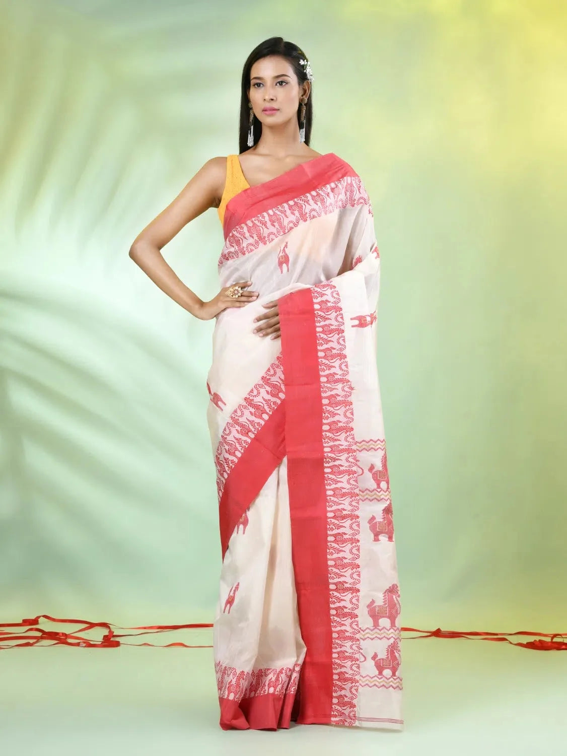Off White Tussar Silk Saree - Indian Sarees & Horse Motifs