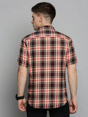 Men Pink Checked Casual Shirt-MAYACHECKS-4411-Peach