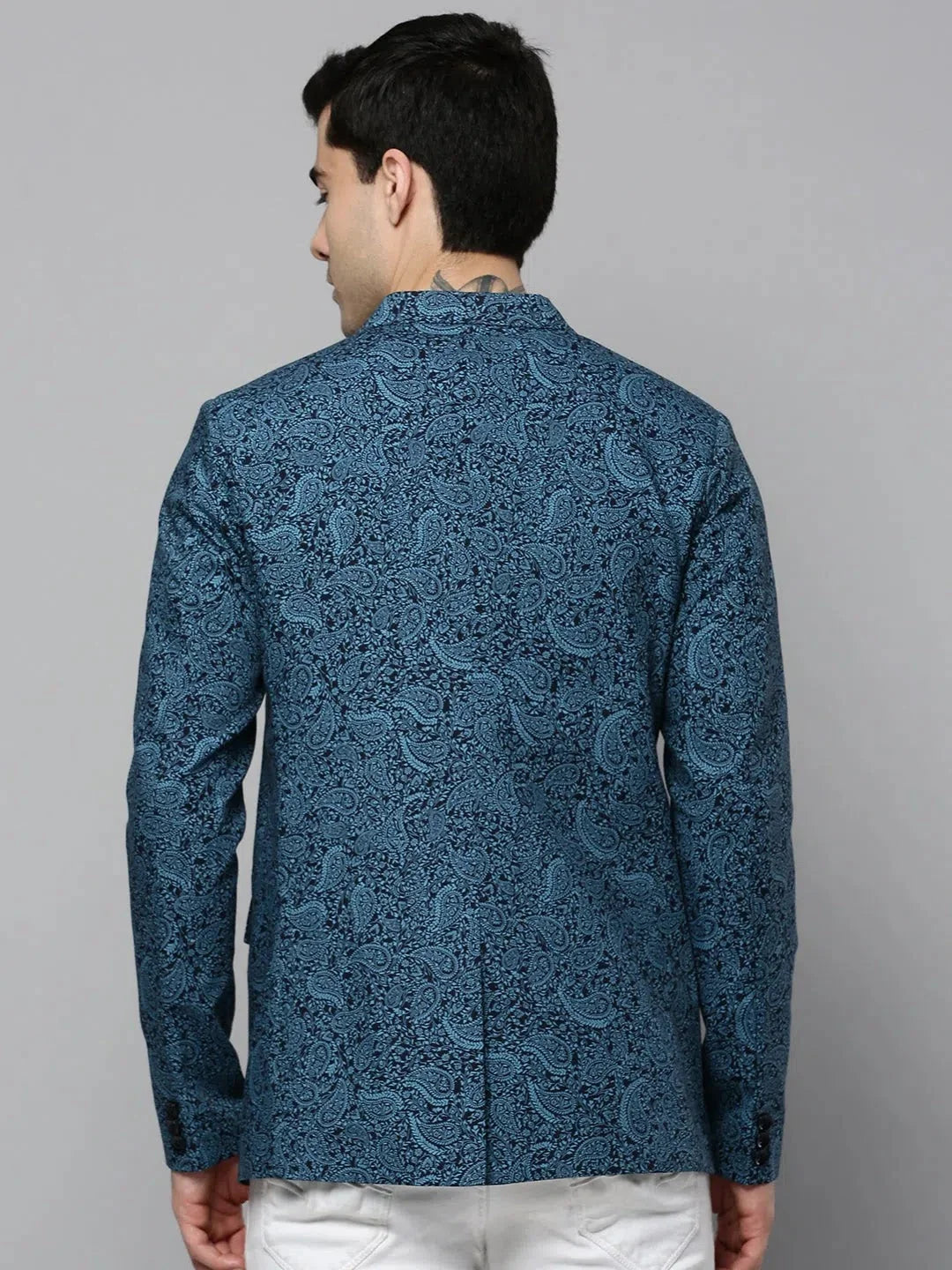 Blue Printed Cotton Blazer | Stylish Men's Ethnic Nehru Jacket