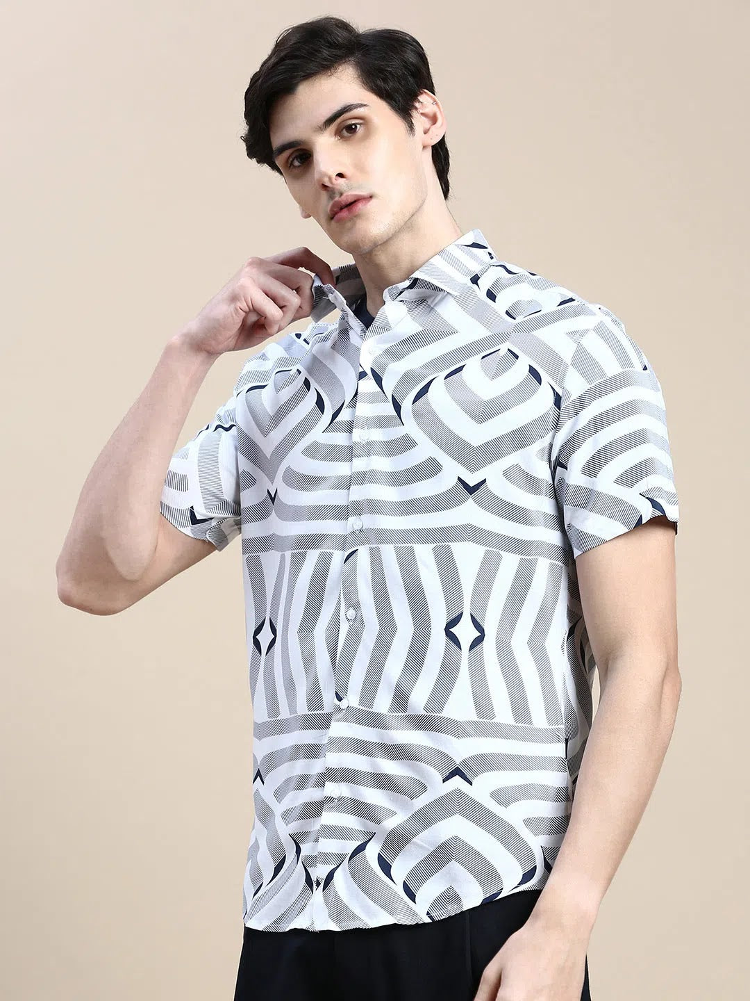 White Abstract Mens Shirt - Trendy Cotton Shirt