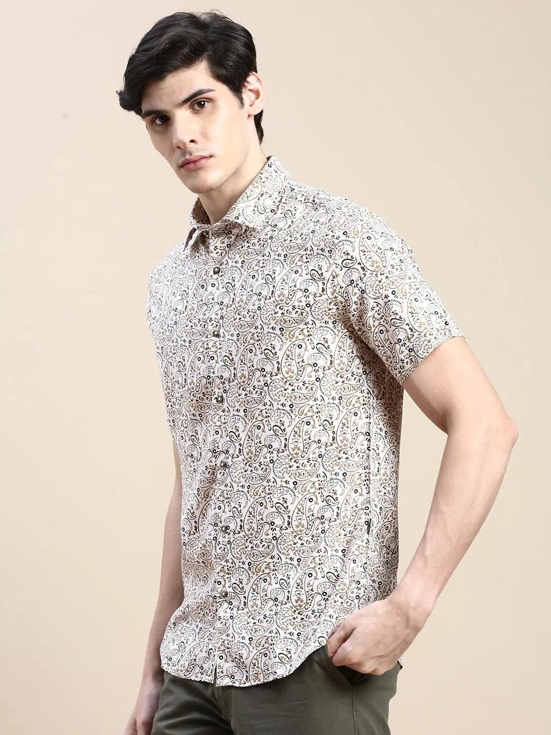 Cream Printed Cotton Mens Shirt | DesiQlo Casual Shirt